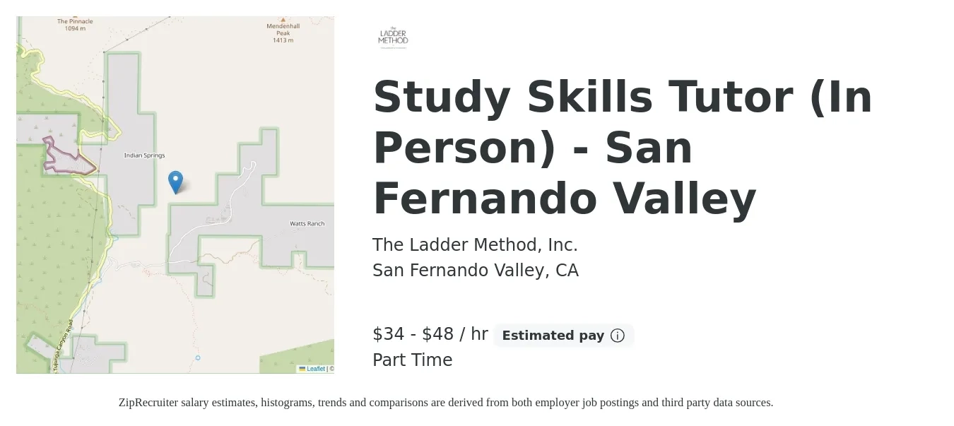 The Ladder Method, Inc. job posting for a Study Skills Tutor (In Person) - San Fernando Valley in San Fernando Valley, CA with a salary of $36 to $50 Hourly with a map of San Fernando Valley location.