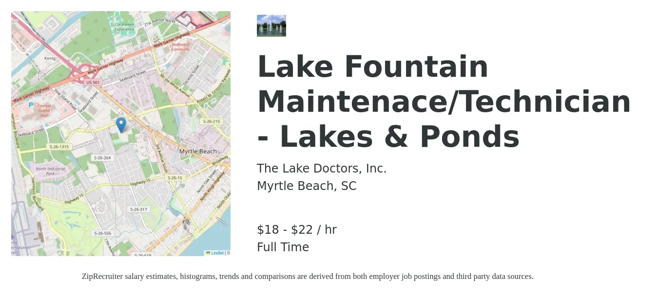 The Lake Doctors, Inc. job posting for a Lake Fountain Maintenace/Technician - Lakes & Ponds in Myrtle Beach, SC with a salary of $19 to $23 Hourly with a map of Myrtle Beach location.