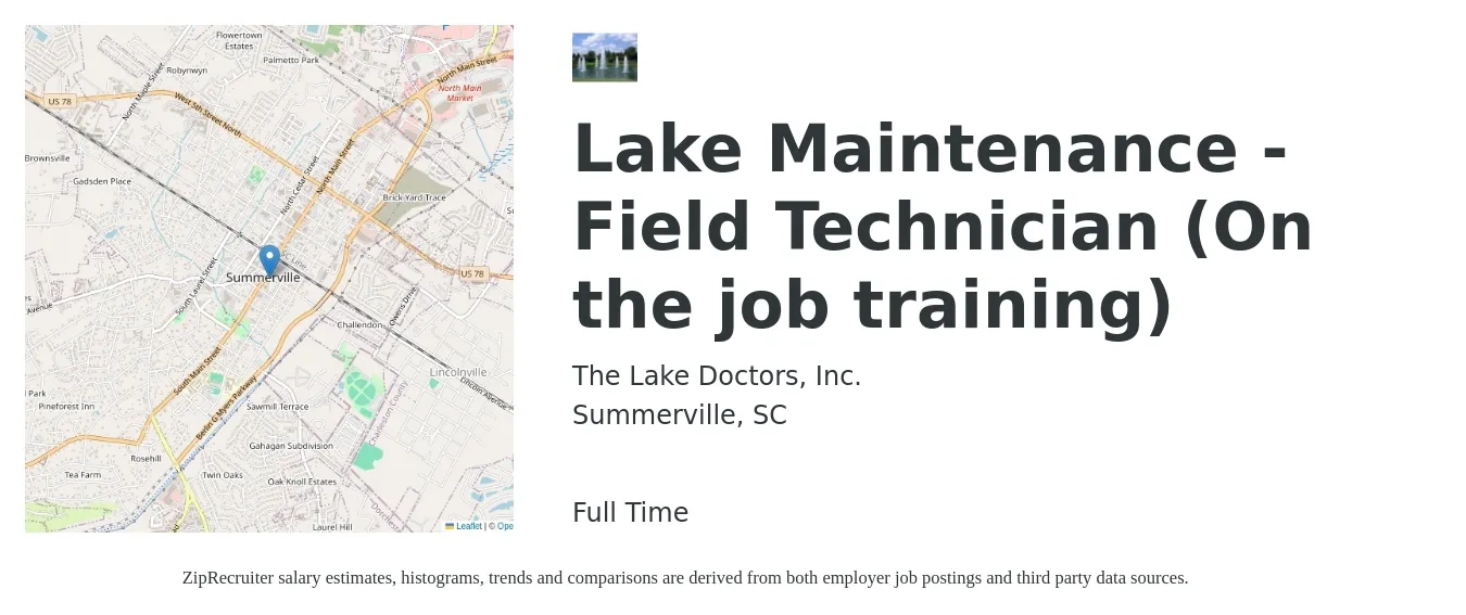 The Lake Doctors, Inc. job posting for a Lake Maintenance - Field Technician (On the job training) in Summerville, SC with a salary of $18 to $21 Hourly with a map of Summerville location.