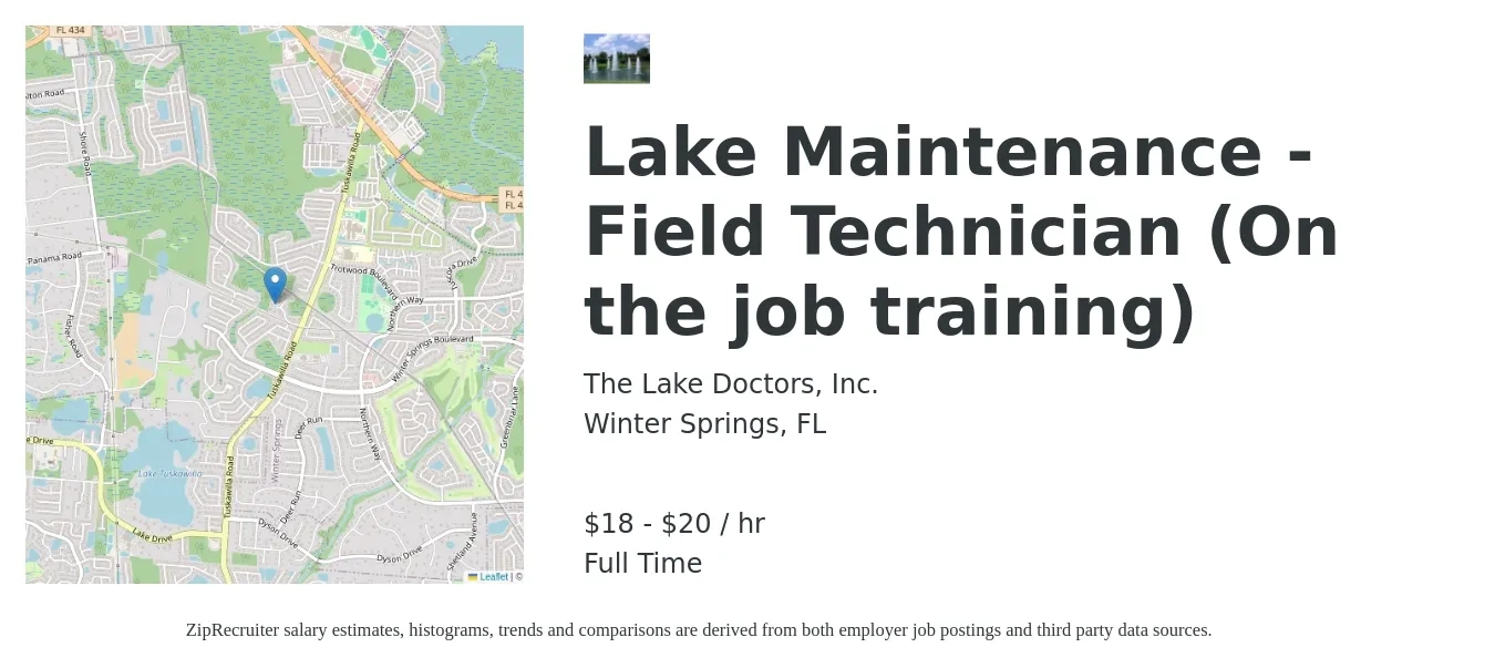 The Lake Doctors, Inc. job posting for a Lake Maintenance - Field Technician (On the job training) in Winter Springs, FL with a salary of $19 to $21 Hourly with a map of Winter Springs location.