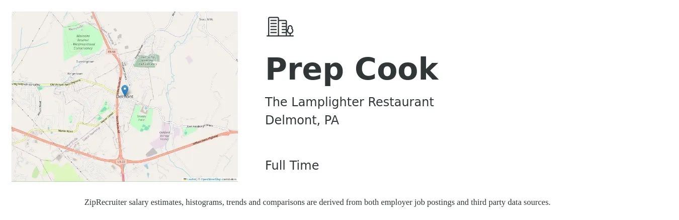 The Lamplighter Restaurant job posting for a Prep Cook in Delmont, PA with a salary of $13 to $16 Hourly with a map of Delmont location.