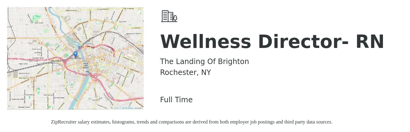 The Landing Of Brighton job posting for a Wellness Director- RN in Rochester, NY with a salary of $81,900 to $123,800 Yearly with a map of Rochester location.