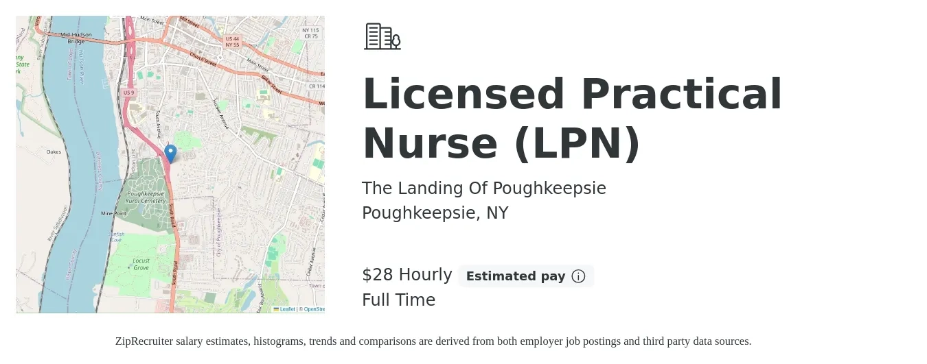 The Landing Of Poughkeepsie job posting for a Licensed Practical Nurse (LPN) in Poughkeepsie, NY with a salary of $30 Hourly with a map of Poughkeepsie location.