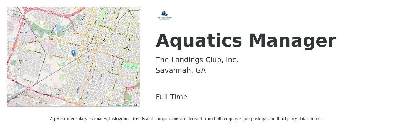 The Landings Club, Inc. job posting for a Aquatics Manager in Savannah, GA with a salary of $16 to $24 Hourly with a map of Savannah location.