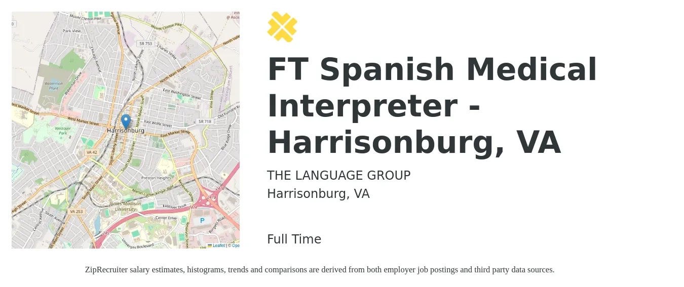 THE LANGUAGE GROUP job posting for a FT Spanish Medical Interpreter - Harrisonburg, VA in Harrisonburg, VA with a salary of $18 to $28 Hourly with a map of Harrisonburg location.