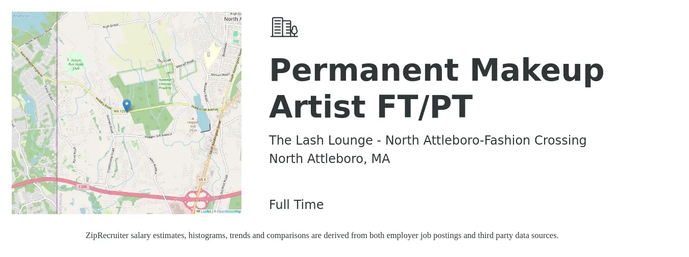 The Lash Lounge - North Attleboro-Fashion Crossing job posting for a Permanent Makeup Artist FT/PT in North Attleboro, MA with a salary of $17 to $24 Hourly with a map of North Attleboro location.