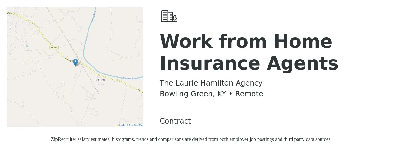The Laurie Hamilton Agency job posting for a Work from Home Insurance Agents in Bowling Green, KY with a salary of $100,500 to $130,400 Yearly with a map of Bowling Green location.