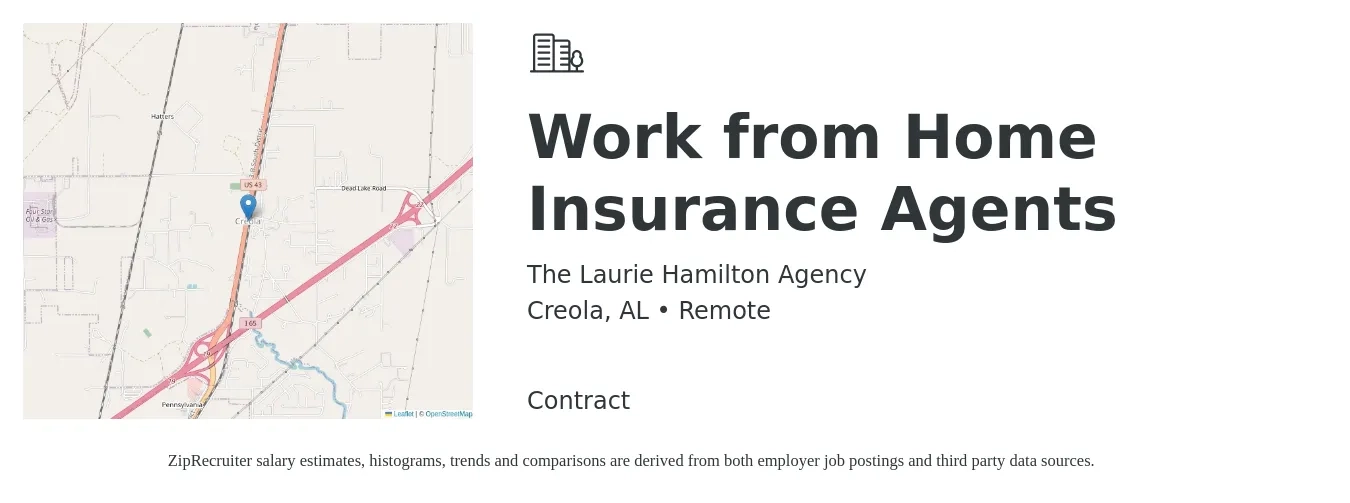 The Laurie Hamilton Agency job posting for a Work from Home Insurance Agents in Creola, AL with a salary of $100,700 to $130,700 Yearly with a map of Creola location.