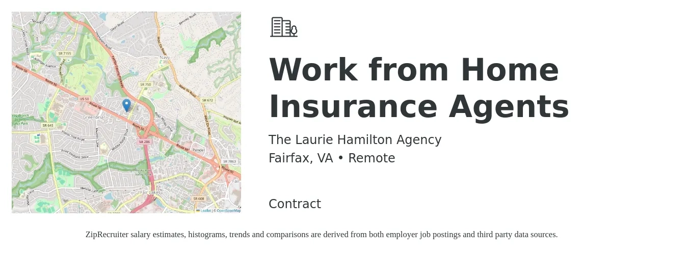 The Laurie Hamilton Agency job posting for a Work from Home Insurance Agents in Fairfax, VA with a salary of $104,900 to $136,100 Yearly with a map of Fairfax location.