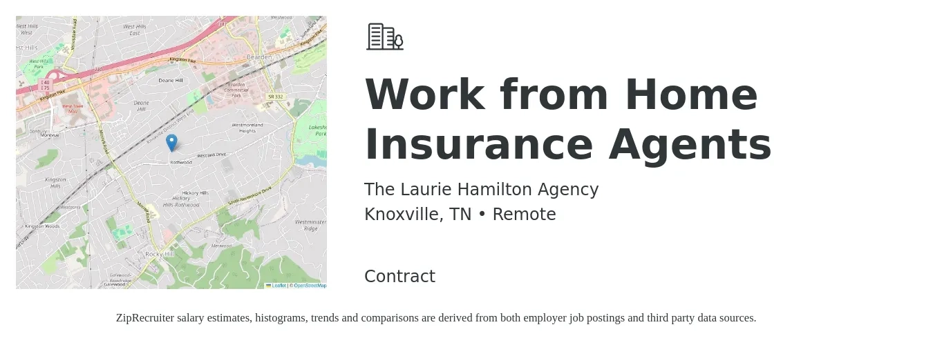 The Laurie Hamilton Agency job posting for a Work from Home Insurance Agents in Knoxville, TN with a salary of $97,800 to $126,900 Yearly with a map of Knoxville location.