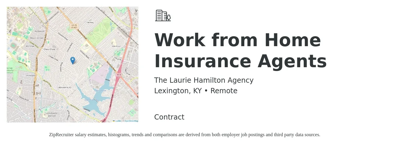 The Laurie Hamilton Agency job posting for a Work from Home Insurance Agents in Lexington, KY with a salary of $101,000 to $131,100 Yearly with a map of Lexington location.