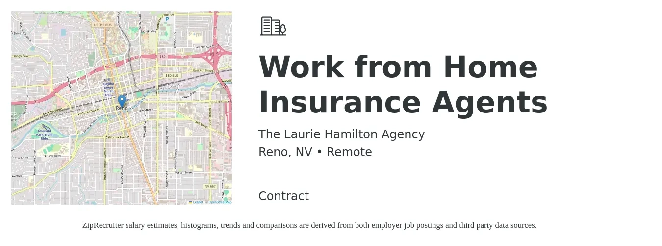 The Laurie Hamilton Agency job posting for a Work from Home Insurance Agents in Reno, NV with a salary of $102,200 to $132,600 Yearly with a map of Reno location.