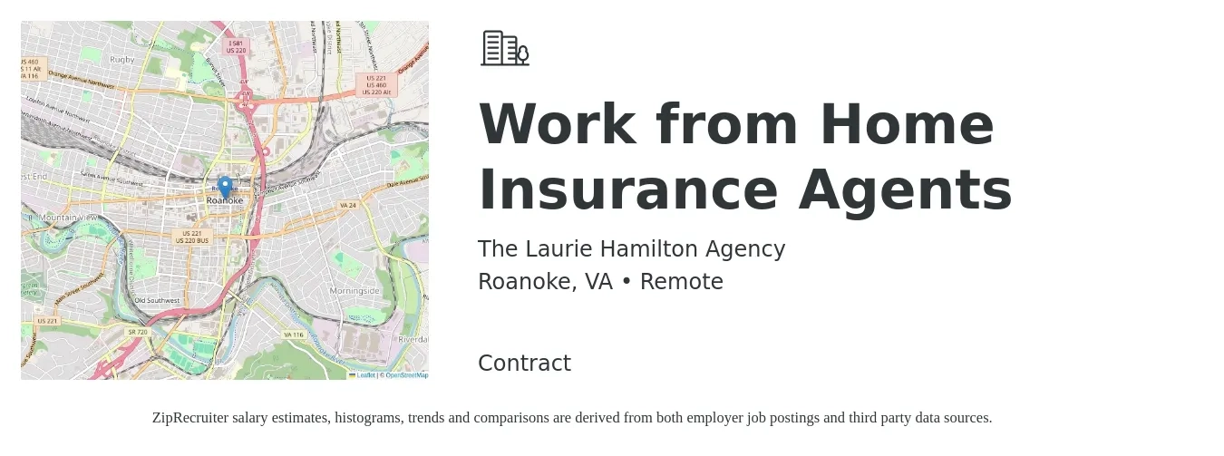 The Laurie Hamilton Agency job posting for a Work from Home Insurance Agents in Roanoke, VA with a salary of $87,900 to $114,000 Yearly with a map of Roanoke location.