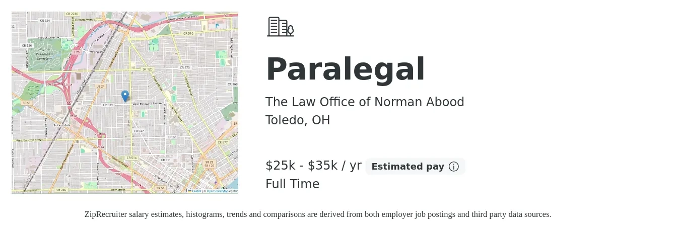 The Law Office of Norman Abood job posting for a Paralegal in Toledo, OH with a salary of $25,000 to $35,000 Yearly with a map of Toledo location.
