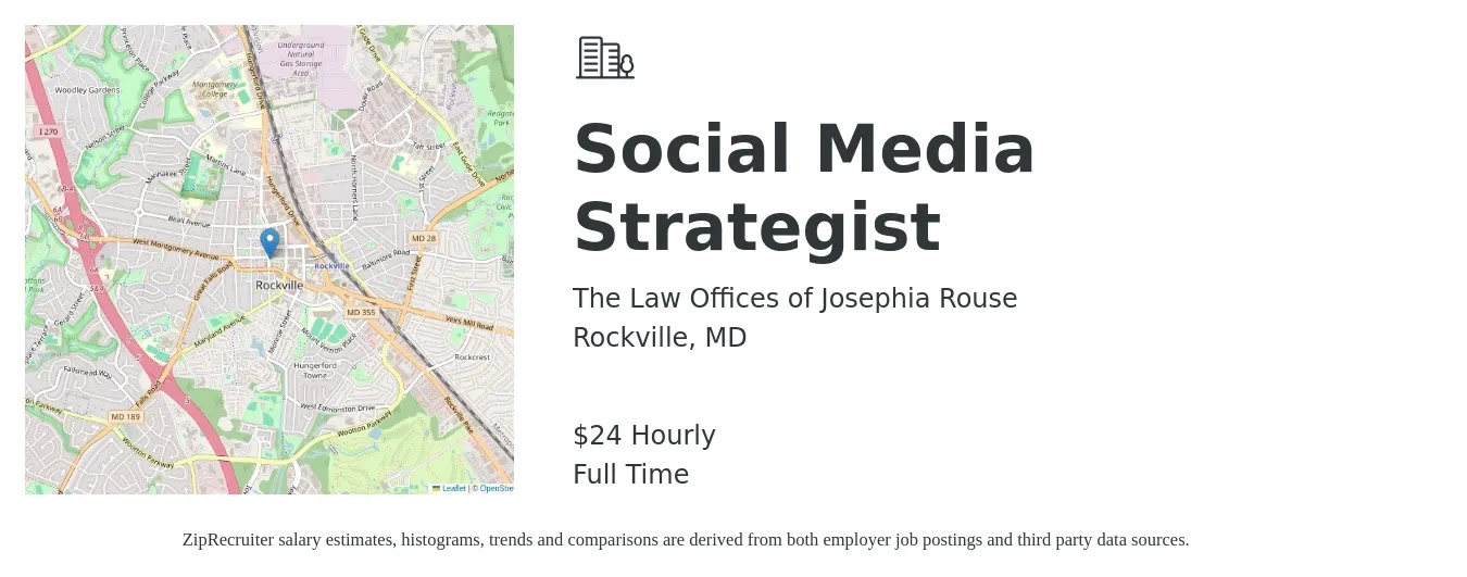 The Law Offices of Josephia Rouse job posting for a Social Media Strategist in Rockville, MD with a salary of $25 Hourly with a map of Rockville location.