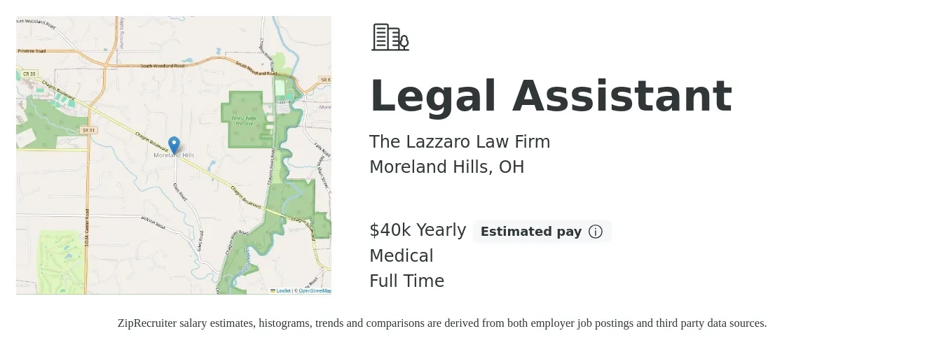 The Lazzaro Law Firm job posting for a Legal Assistant in Moreland Hills, OH with a salary of $40,000 Yearly and benefits including pto, retirement, and medical with a map of Moreland Hills location.
