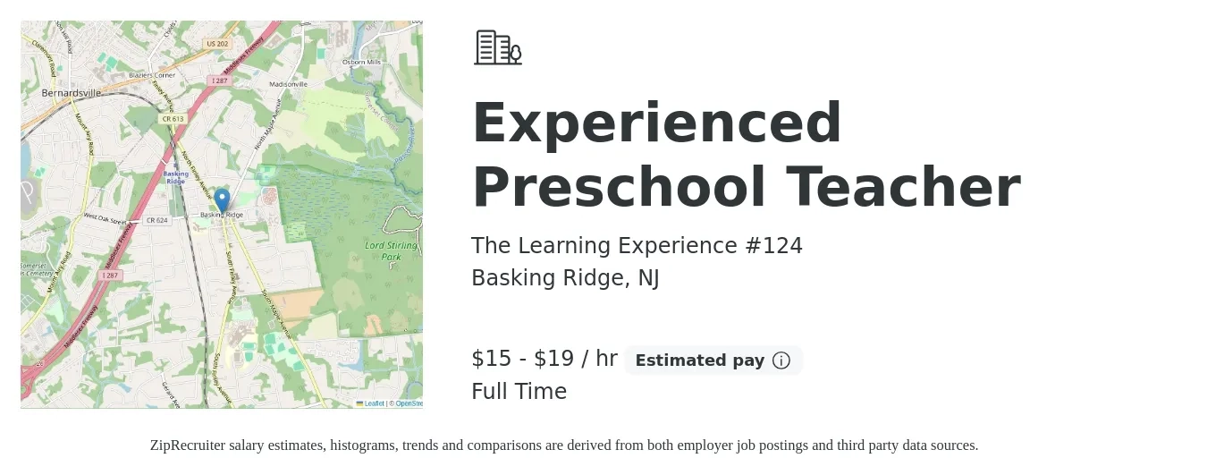 The Learning Experience #124 job posting for a Experienced Preschool Teacher in Basking Ridge, NJ with a salary of $16 to $20 Hourly with a map of Basking Ridge location.