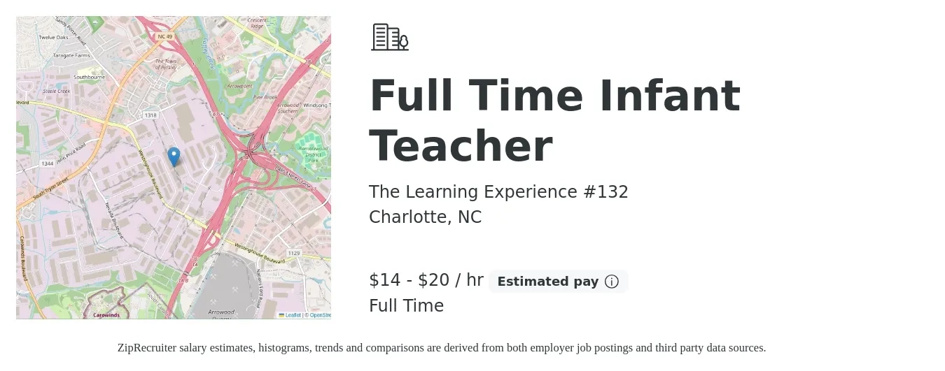 The Learning Experience #132 job posting for a Full Time Infant Teacher in Charlotte, NC with a salary of $15 to $21 Hourly with a map of Charlotte location.
