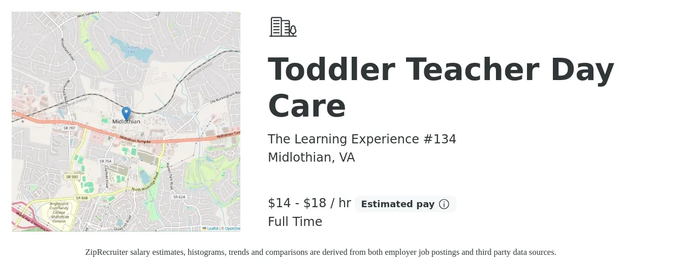 The Learning Experience #134 job posting for a Toddler Teacher Day Care in Midlothian, VA with a salary of $15 to $19 Hourly with a map of Midlothian location.