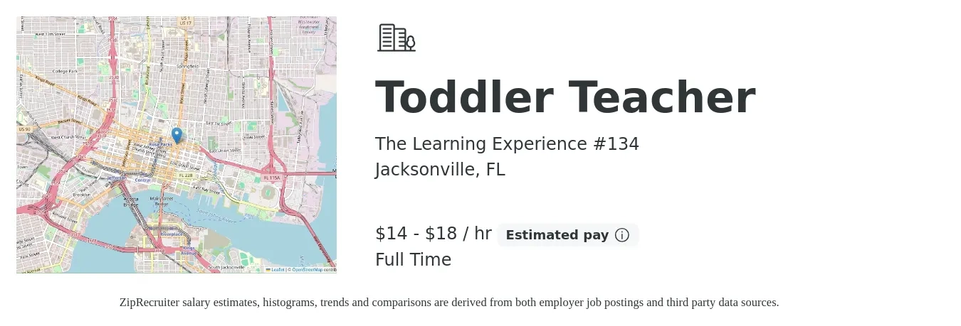 The Learning Experience #134 job posting for a Toddler Teacher in Jacksonville, FL with a salary of $15 to $20 Hourly with a map of Jacksonville location.