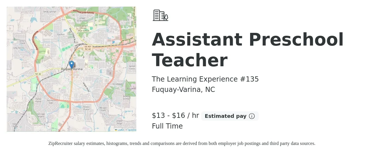 The Learning Experience #135 job posting for a Assistant Preschool Teacher in Fuquay-Varina, NC with a salary of $14 to $17 Hourly with a map of Fuquay-Varina location.