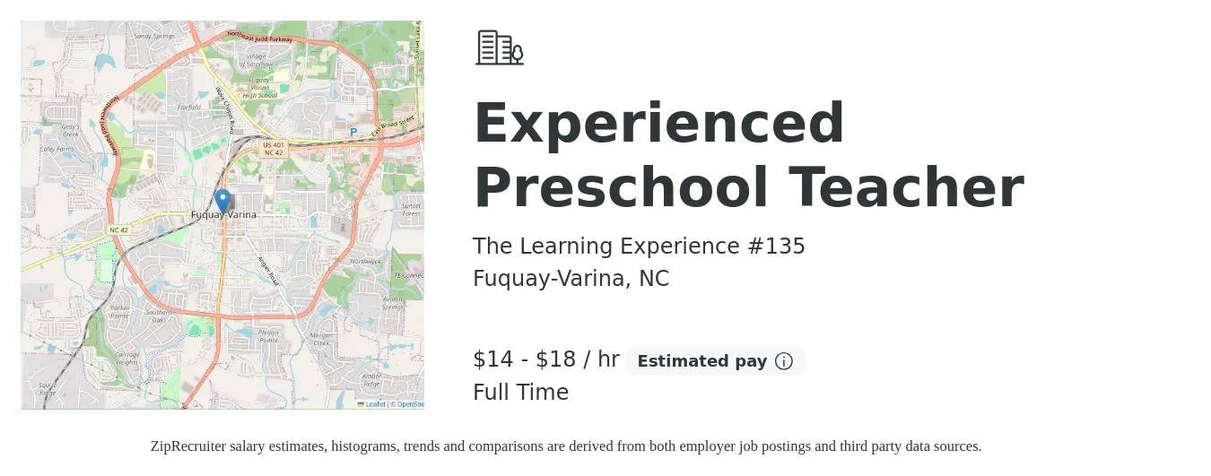 The Learning Experience #135 job posting for a Experienced Preschool Teacher in Fuquay-Varina, NC with a salary of $15 to $19 Hourly with a map of Fuquay-Varina location.