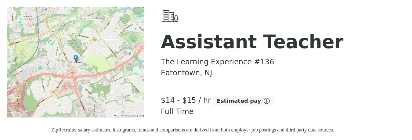 The Learning Experience #136 job posting for a Assistant Teacher in Eatontown, NJ with a salary of $16 to $16 Hourly with a map of Eatontown location.