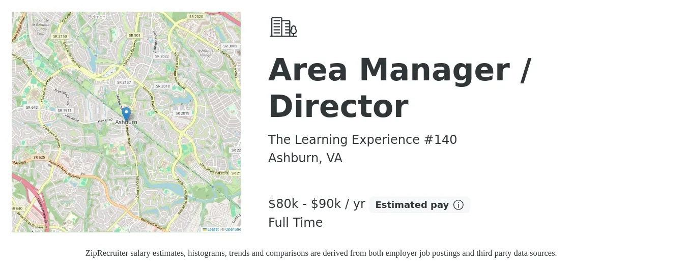 The Learning Experience #140 job posting for a Area Manager / Director in Ashburn, VA with a salary of $80,000 to $90,000 Yearly with a map of Ashburn location.
