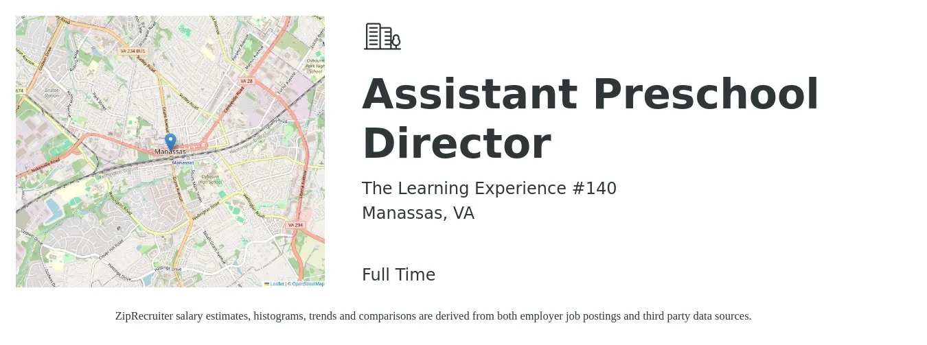 The Learning Experience #140 job posting for a Assistant Preschool Director in Manassas, VA with a salary of $37,500 to $49,000 Yearly with a map of Manassas location.