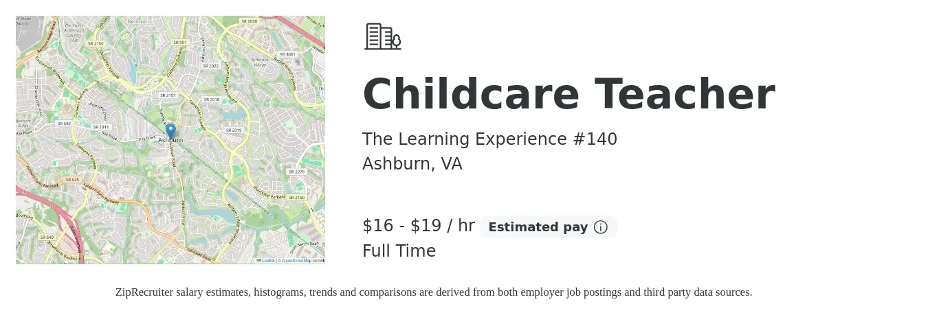 The Learning Experience #140 job posting for a Childcare Teacher in Ashburn, VA with a salary of $17 to $20 Hourly with a map of Ashburn location.