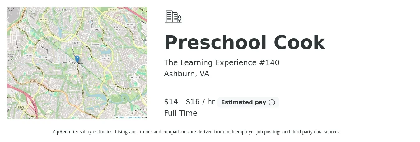 The Learning Experience #140 job posting for a Preschool Cook in Ashburn, VA with a salary of $16 to $17 Hourly with a map of Ashburn location.