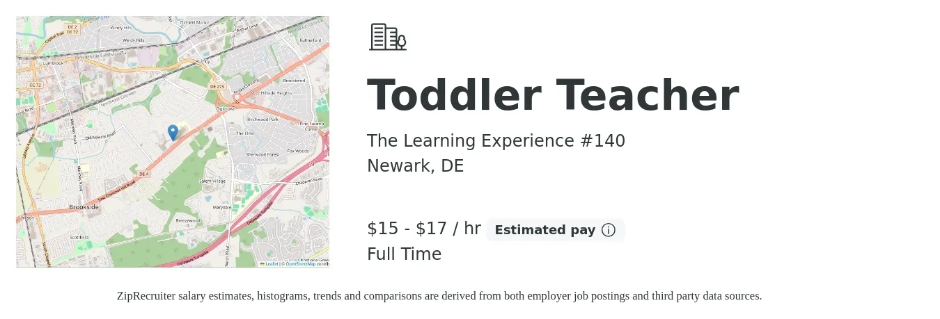 The Learning Experience #140 job posting for a Toddler Teacher in Newark, DE with a salary of $16 to $18 Hourly with a map of Newark location.