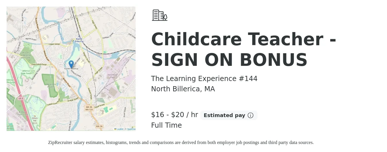 The Learning Experience #144 job posting for a Childcare Teacher - SIGN ON BONUS in North Billerica, MA with a salary of $17 to $21 Hourly with a map of North Billerica location.