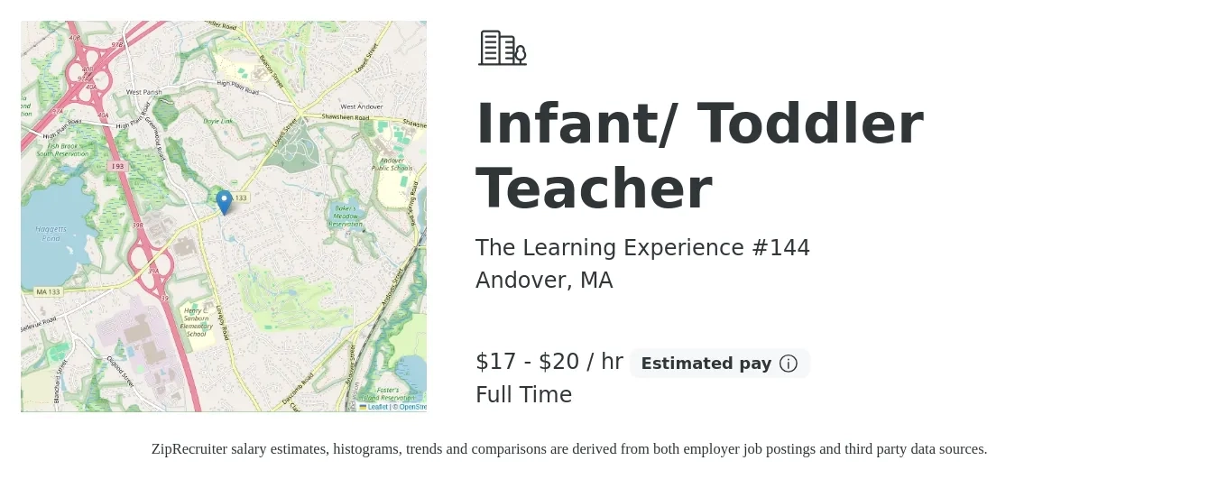 The Learning Experience #144 job posting for a Infant/ Toddler Teacher in Andover, MA with a salary of $18 to $21 Hourly with a map of Andover location.