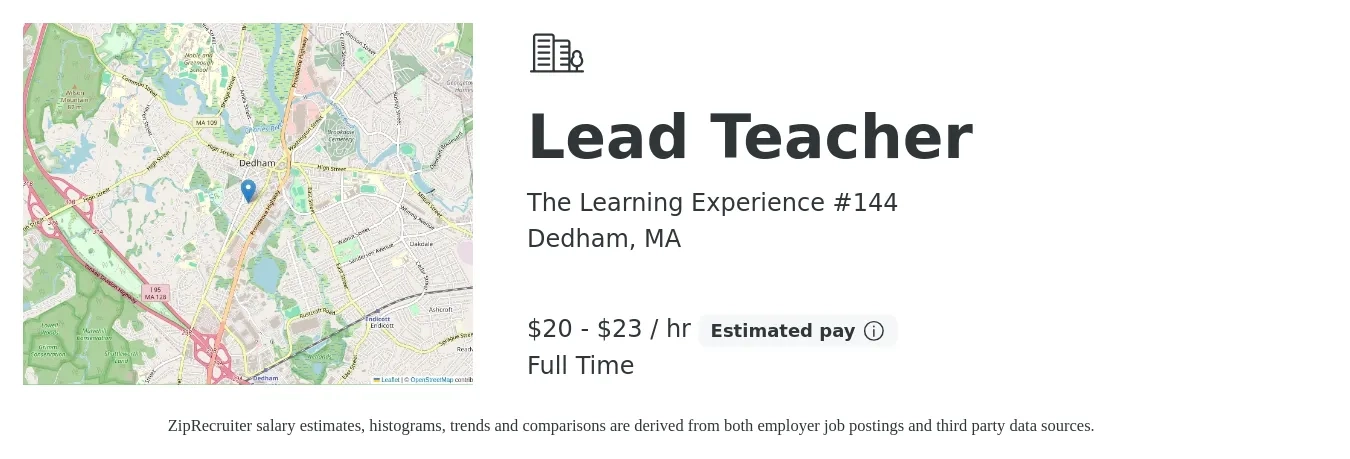 The Learning Experience #144 job posting for a Lead Teacher in Dedham, MA with a salary of $21 to $24 Hourly with a map of Dedham location.