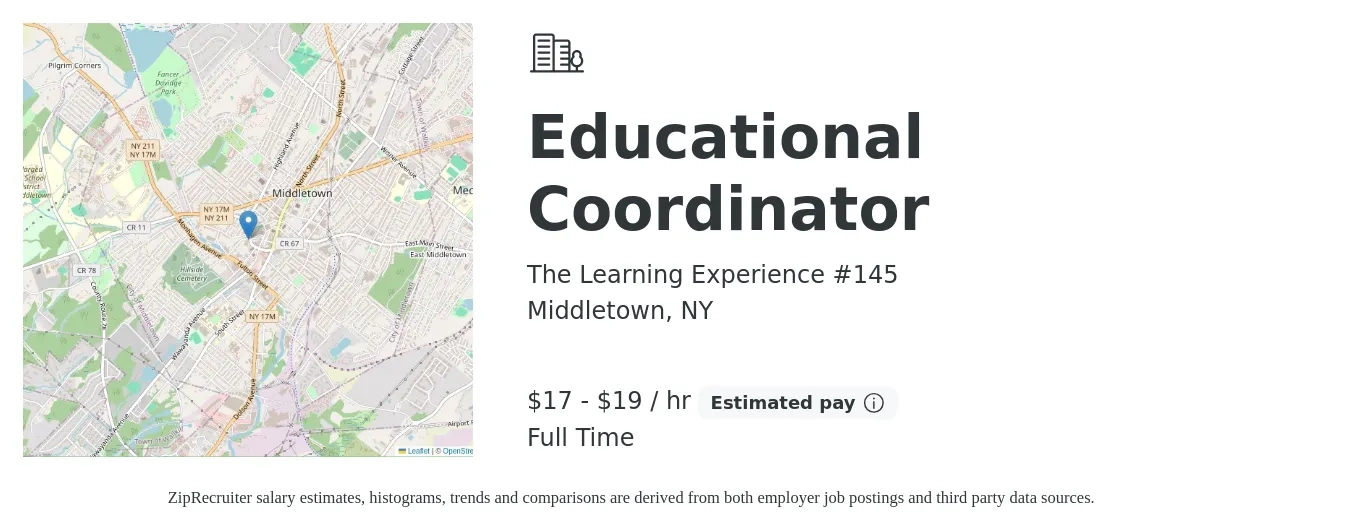 The Learning Experience #145 job posting for a Educational Coordinator in Middletown, NY with a salary of $18 to $20 Hourly with a map of Middletown location.