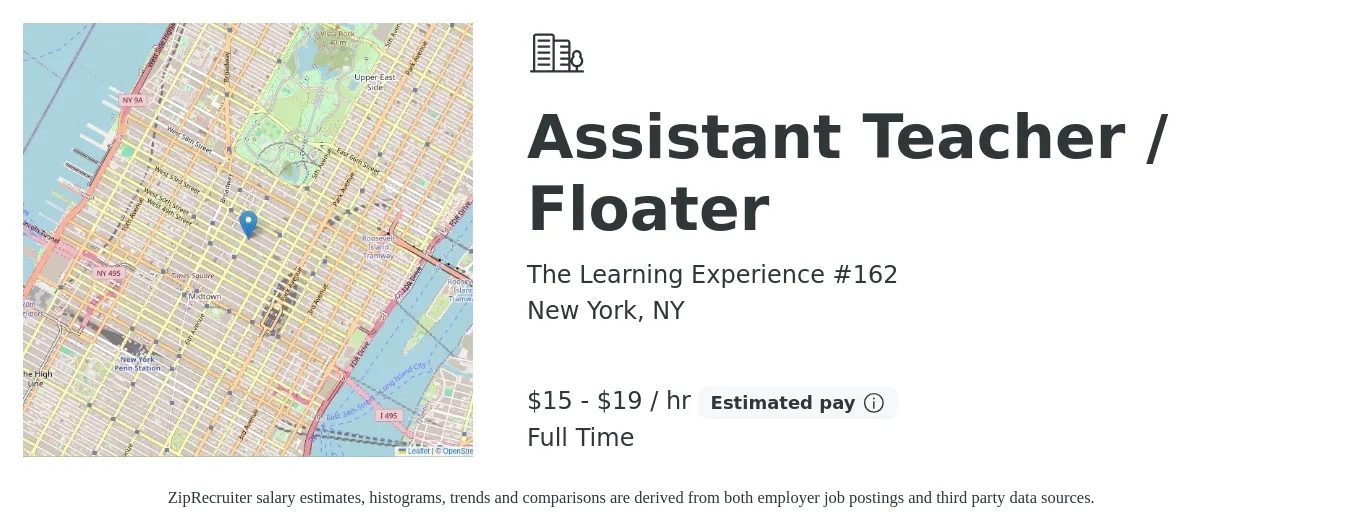 The Learning Experience #162 job posting for a Assistant Teacher / Floater in New York, NY with a salary of $16 to $20 Hourly with a map of New York location.