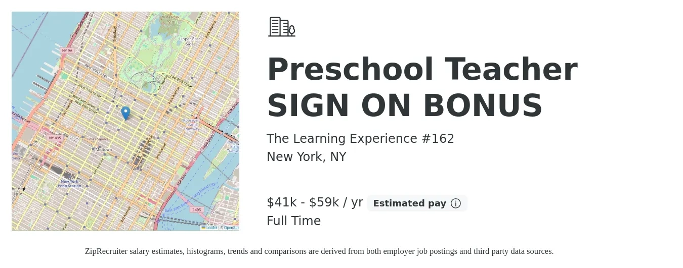 The Learning Experience #162 job posting for a Preschool Teacher SIGN ON BONUS in New York, NY with a salary of $41,000 to $59,000 Yearly with a map of New York location.
