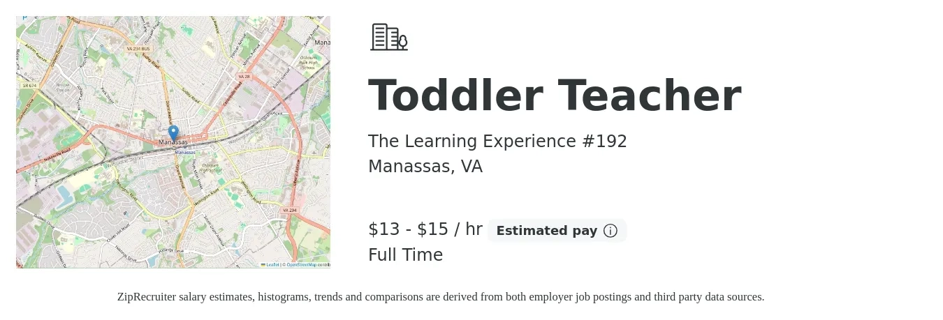 The Learning Experience #192 job posting for a Toddler Teacher in Manassas, VA with a salary of $14 to $16 Hourly with a map of Manassas location.