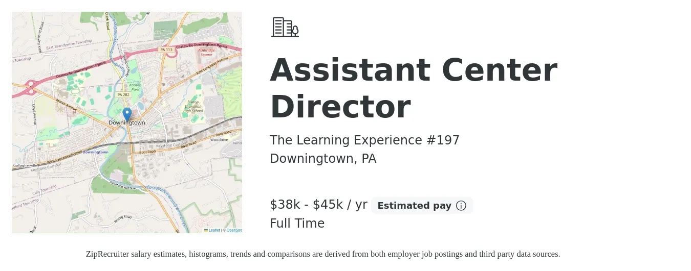 The Learning Experience #197 job posting for a Assistant Center Director in Downingtown, PA with a salary of $38,000 to $45,000 Yearly with a map of Downingtown location.