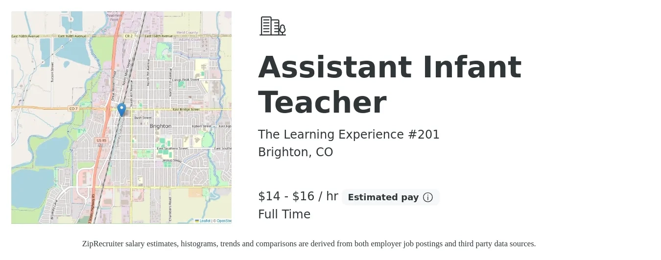The Learning Experience #201 job posting for a Assistant Infant Teacher in Brighton, CO with a salary of $15 to $17 Hourly with a map of Brighton location.