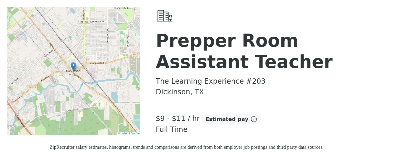 The Learning Experience #203 job posting for a Prepper Room Assistant Teacher in Dickinson, TX with a salary of $10 to $12 Hourly with a map of Dickinson location.