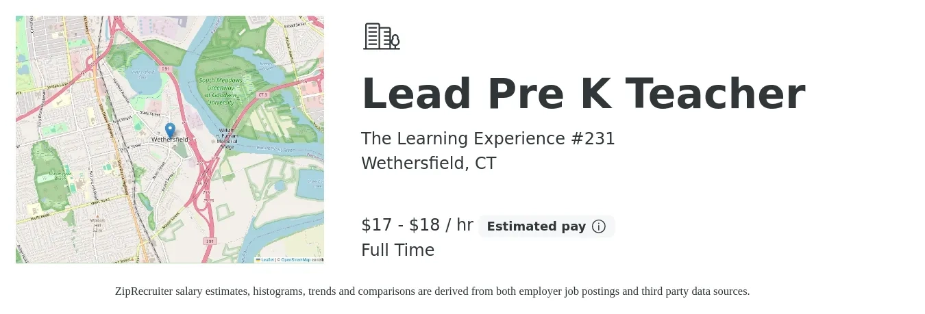 The Learning Experience #231 job posting for a Lead Pre K Teacher in Wethersfield, CT with a salary of $18 to $19 Hourly with a map of Wethersfield location.