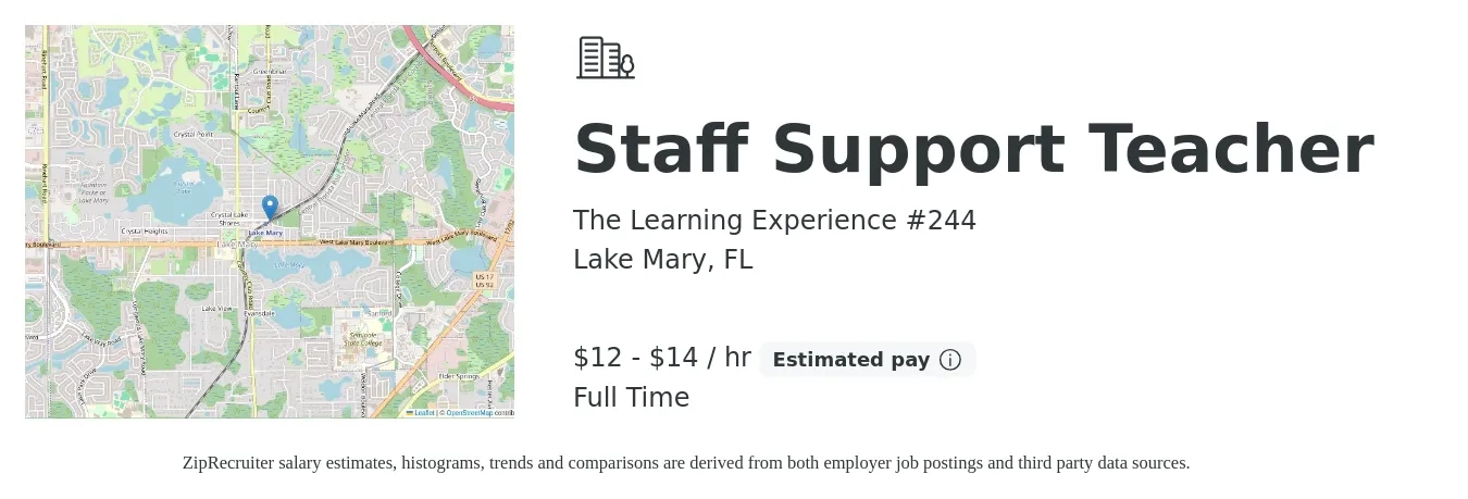 The Learning Experience #244 job posting for a Staff Support Teacher in Lake Mary, FL with a salary of $13 to $16 Hourly with a map of Lake Mary location.