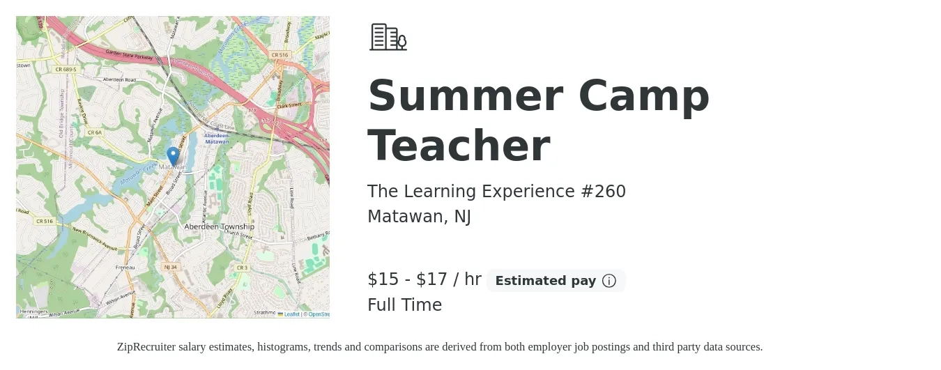The Learning Experience #260 job posting for a Summer Camp Teacher in Matawan, NJ with a salary of $16 to $18 Hourly with a map of Matawan location.