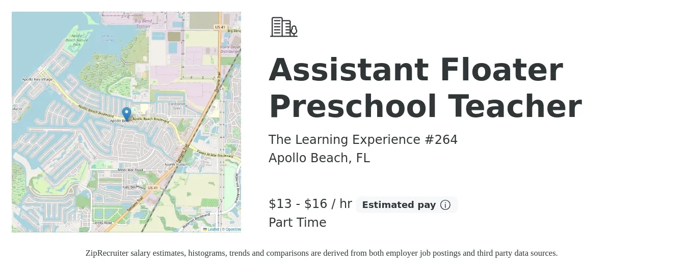 The Learning Experience #264 job posting for a Assistant Floater Preschool Teacher in Apollo Beach, FL with a salary of $14 to $17 Hourly with a map of Apollo Beach location.