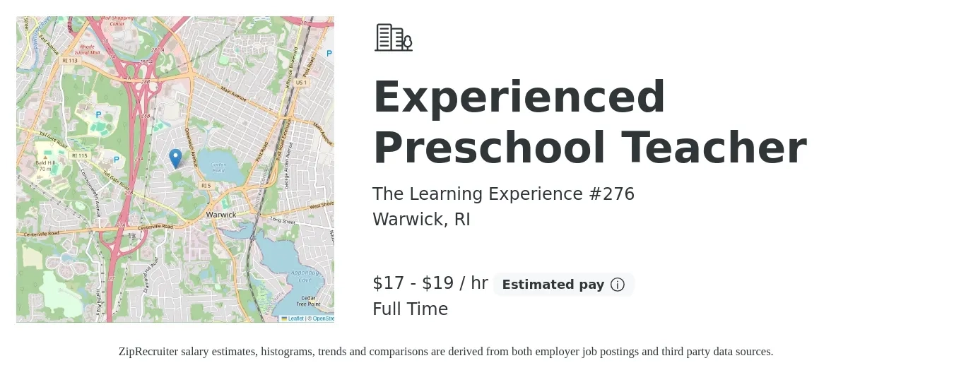 The Learning Experience #276 job posting for a Experienced Preschool Teacher in Warwick, RI with a salary of $18 to $20 Hourly with a map of Warwick location.