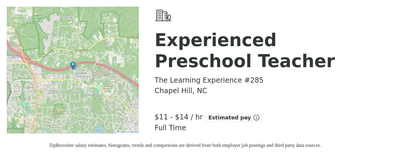 The Learning Experience #285 job posting for a Experienced Preschool Teacher in Chapel Hill, NC with a salary of $12 to $15 Hourly with a map of Chapel Hill location.