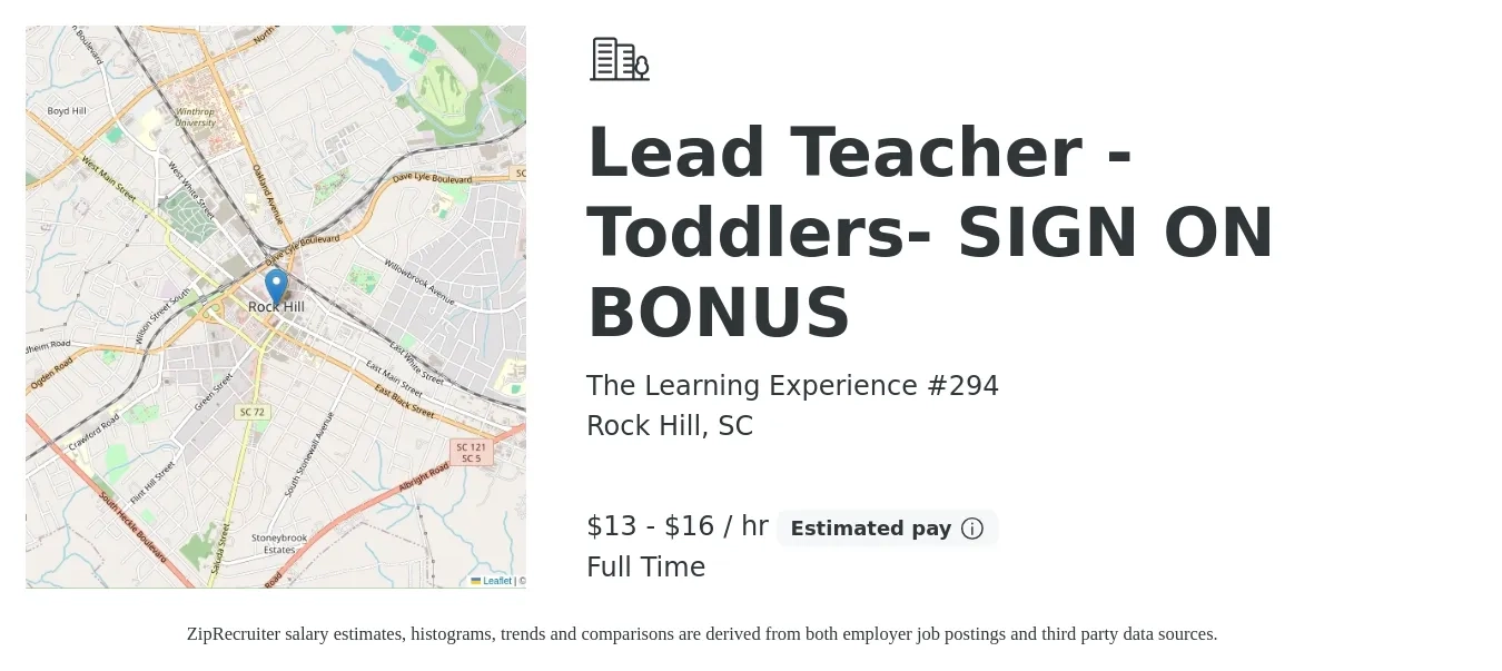 The Learning Experience #294 job posting for a Lead Teacher - Toddlers- SIGN ON BONUS in Rock Hill, SC with a salary of $14 to $17 Hourly with a map of Rock Hill location.