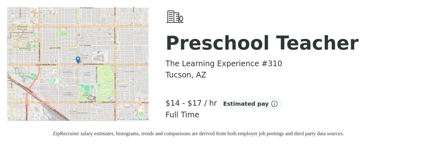 The Learning Experience #310 job posting for a Preschool Teacher in Tucson, AZ with a salary of $15 to $18 Hourly with a map of Tucson location.